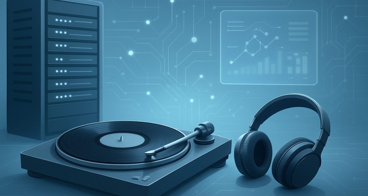A digital music setup featuring a turntable and headphones against a tech background