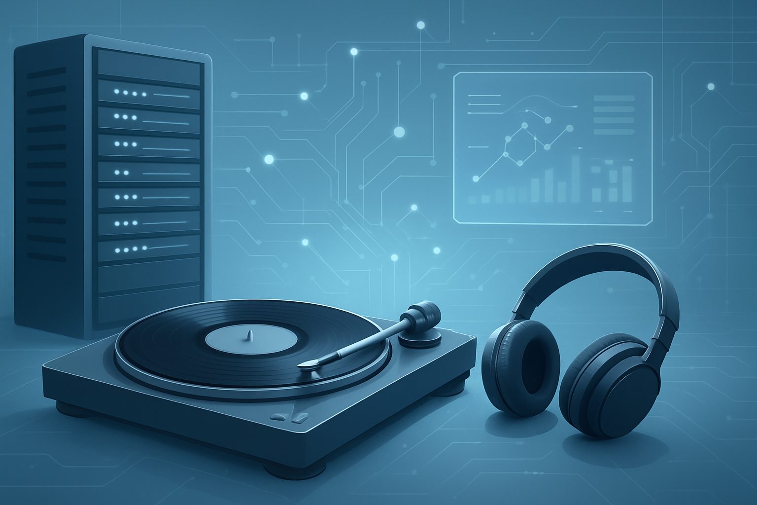 A digital music setup featuring a turntable and headphones against a tech background